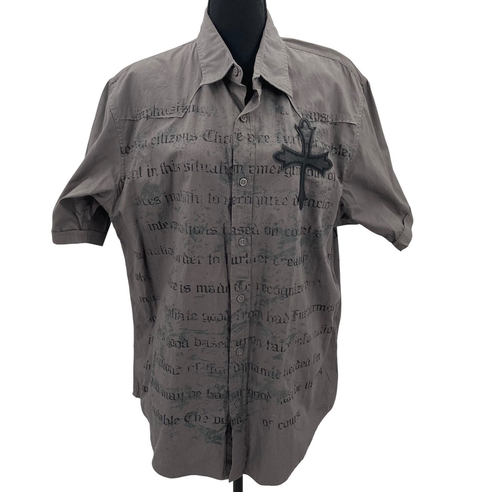 Helix Mens Gray Gothic Cross Text Print Short Sleeve Button‎ Down Shirt XL Y2K
